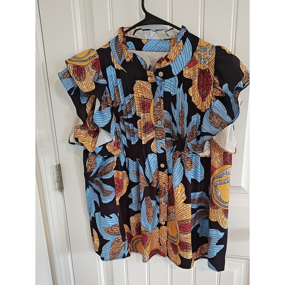Floral Ruffle Sleeve Button Down Blouse Blue Yellow Pleated Front Women medium